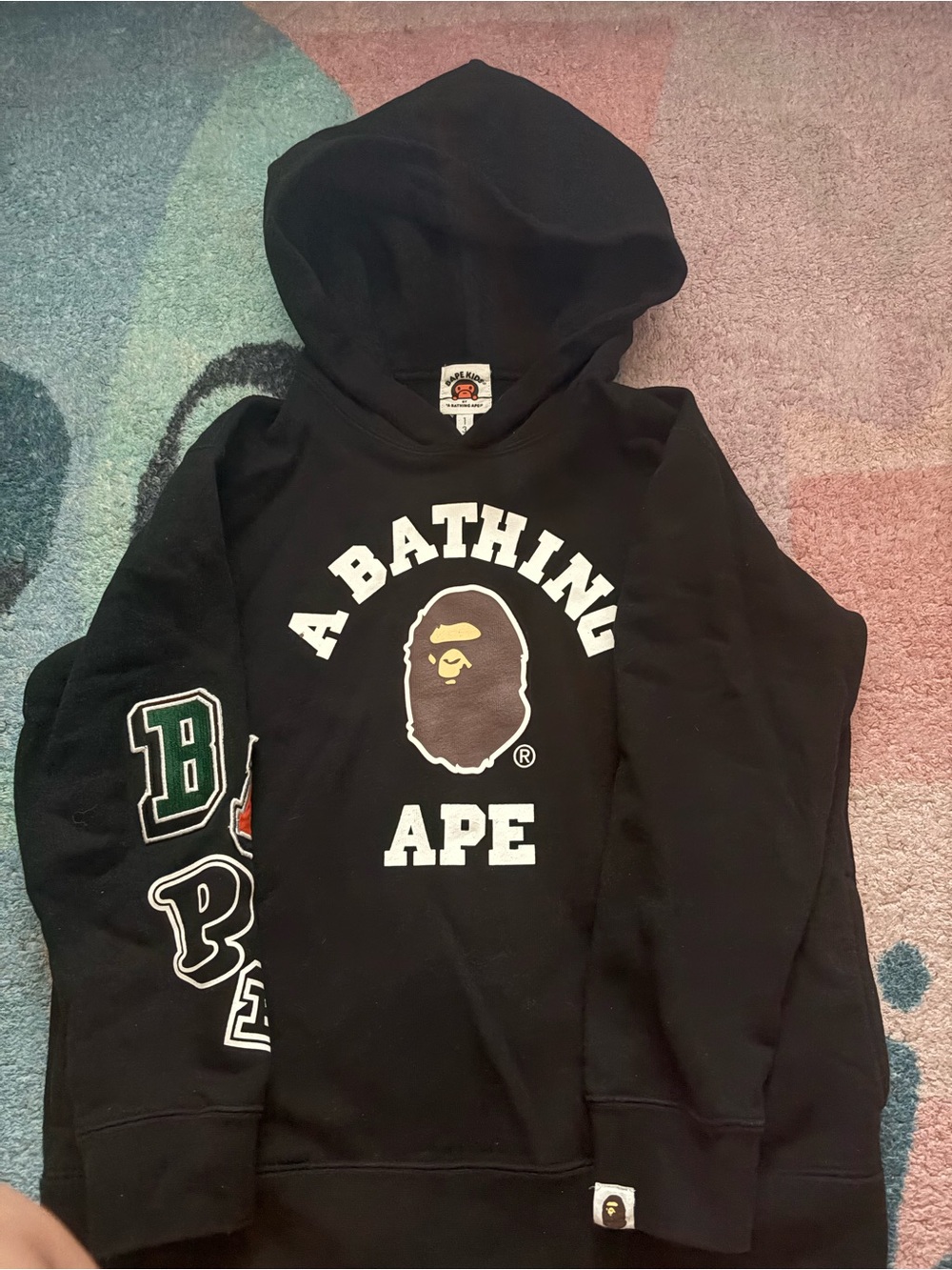 Bape Black Logo Kids Hoodie with Varsity Sleeve Patches